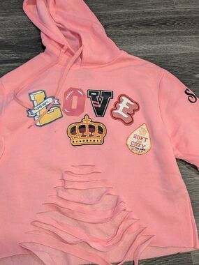 Women's Pink 'LOVE' Patch Hoodie with Crown Detail